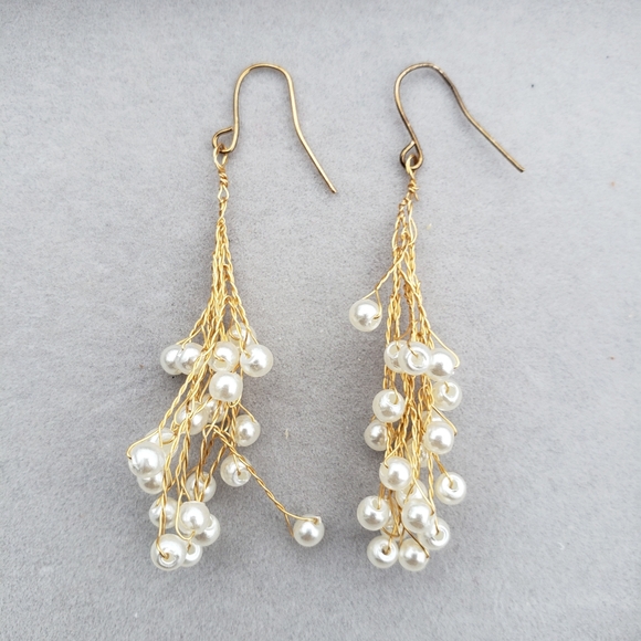 Pearl Cluster Dangle Earrings with Gold Accents - Picture 3 of 4